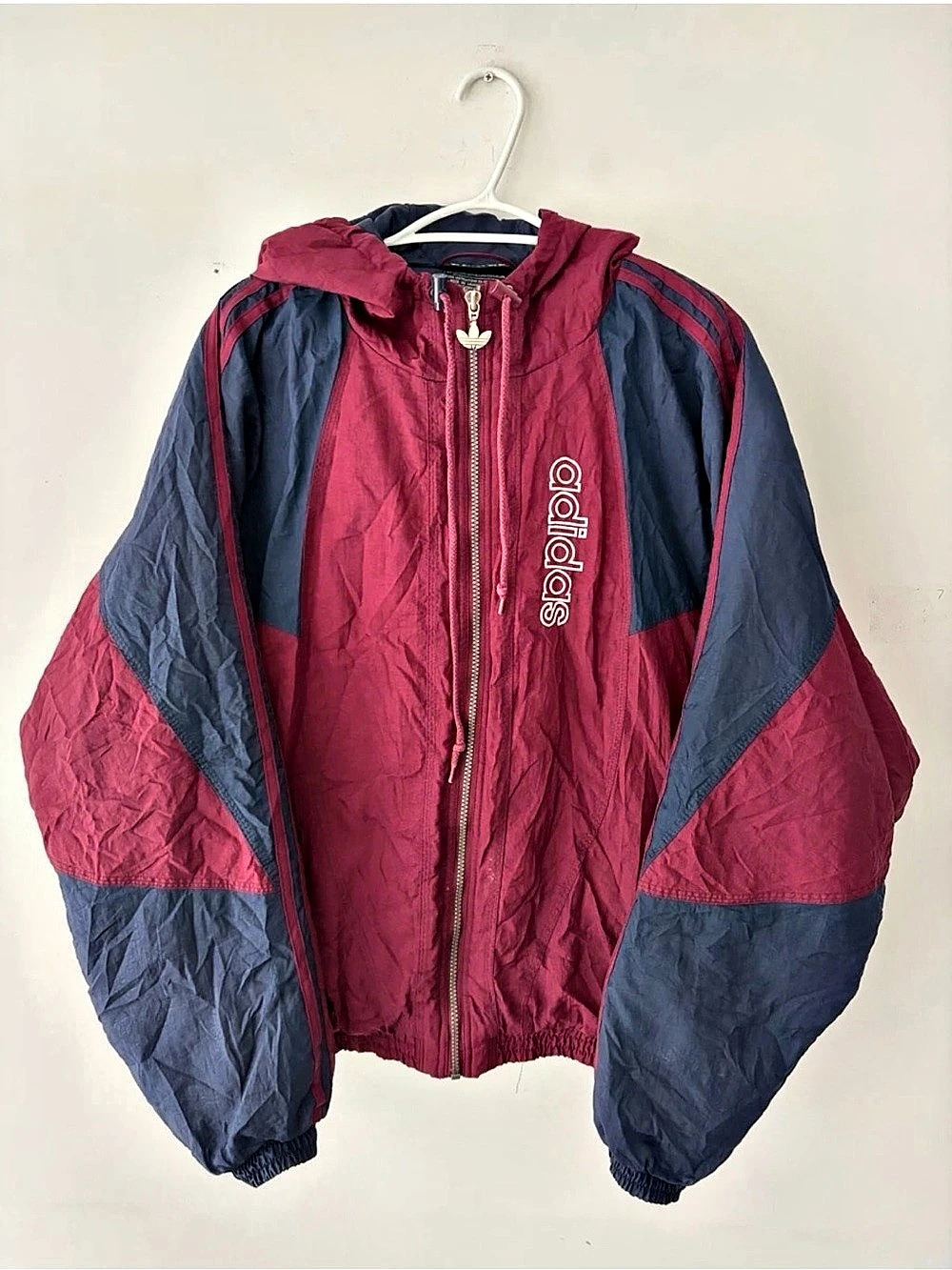 Vintage 90s Adidas Big Trefoil Logo Hooded Maroon Bomber Jacket Size M